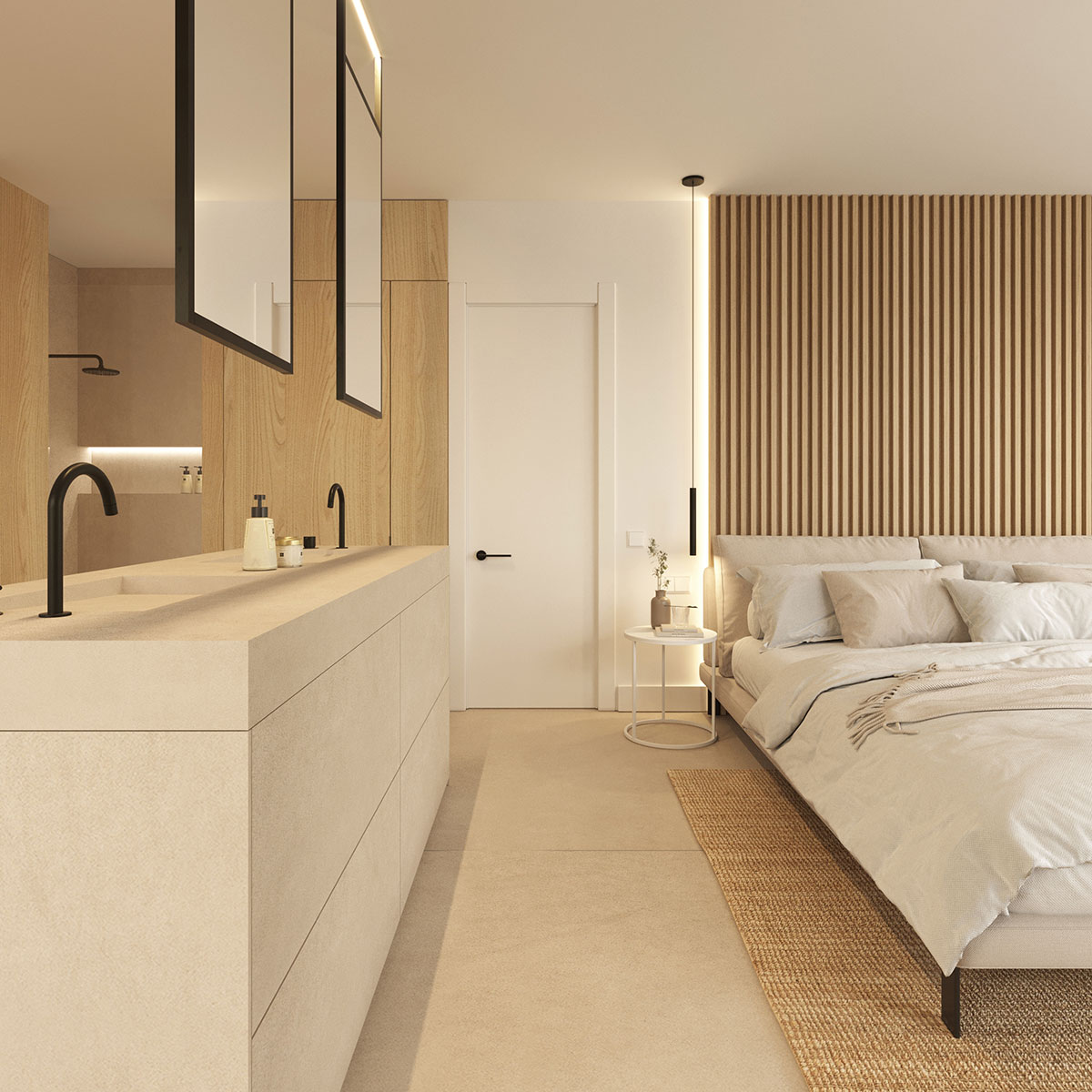 baño integrado en dormitorio con diseño abierto en reforma de vivienda en premià de dalt