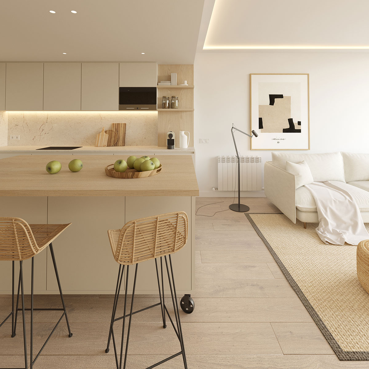 interior de vivienda con cocina abierta y dormitorio integrado