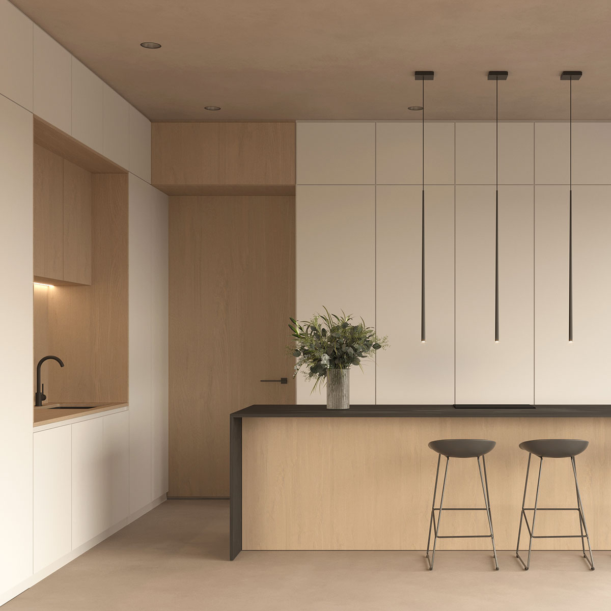 Cocina con microcemento en suelo y techo e integración de electrodomésticos en Madrid