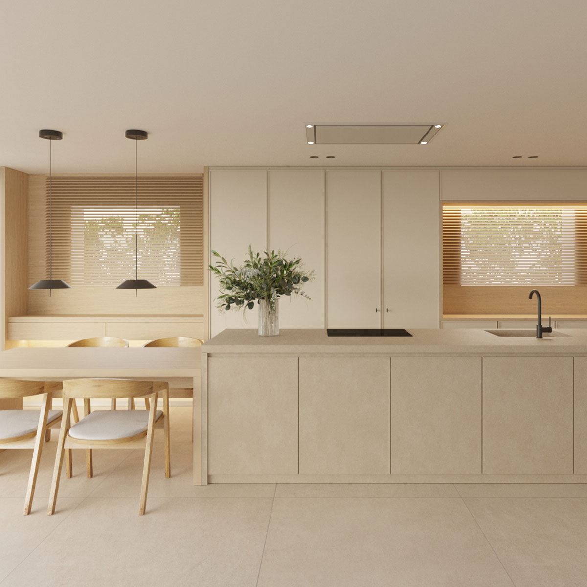 Cocina lineal con isla y acabados en madera clara en vivienda en Palau-solità i Plegamans