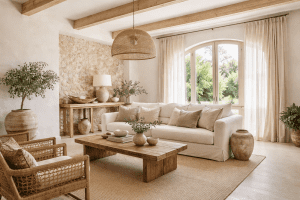 salón mediterráneo con madera natural, lino y fibras naturales en tonos neutros