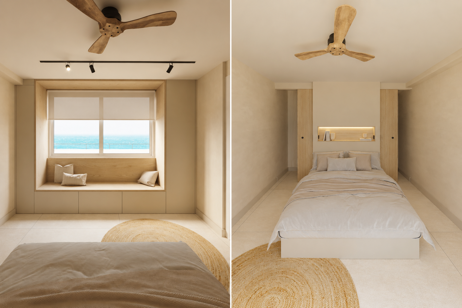 Dormitorio minimalista con banco bajo ventana y vistas al mar