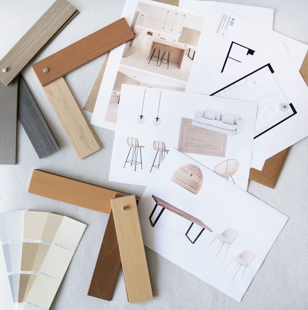 moodboard de interiorismo con selección de materiales, mobiliario y planos del proyecto
