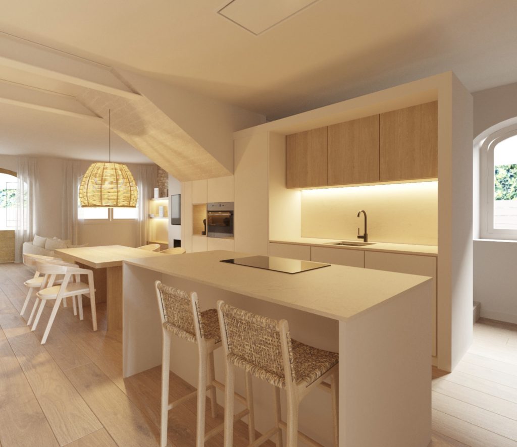 cocina abierta con isla reforma Premià de Dalt interiorismo Maresme