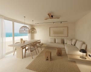 Salón mediterráneo con comedor y vistas al mar en apartamento reformado