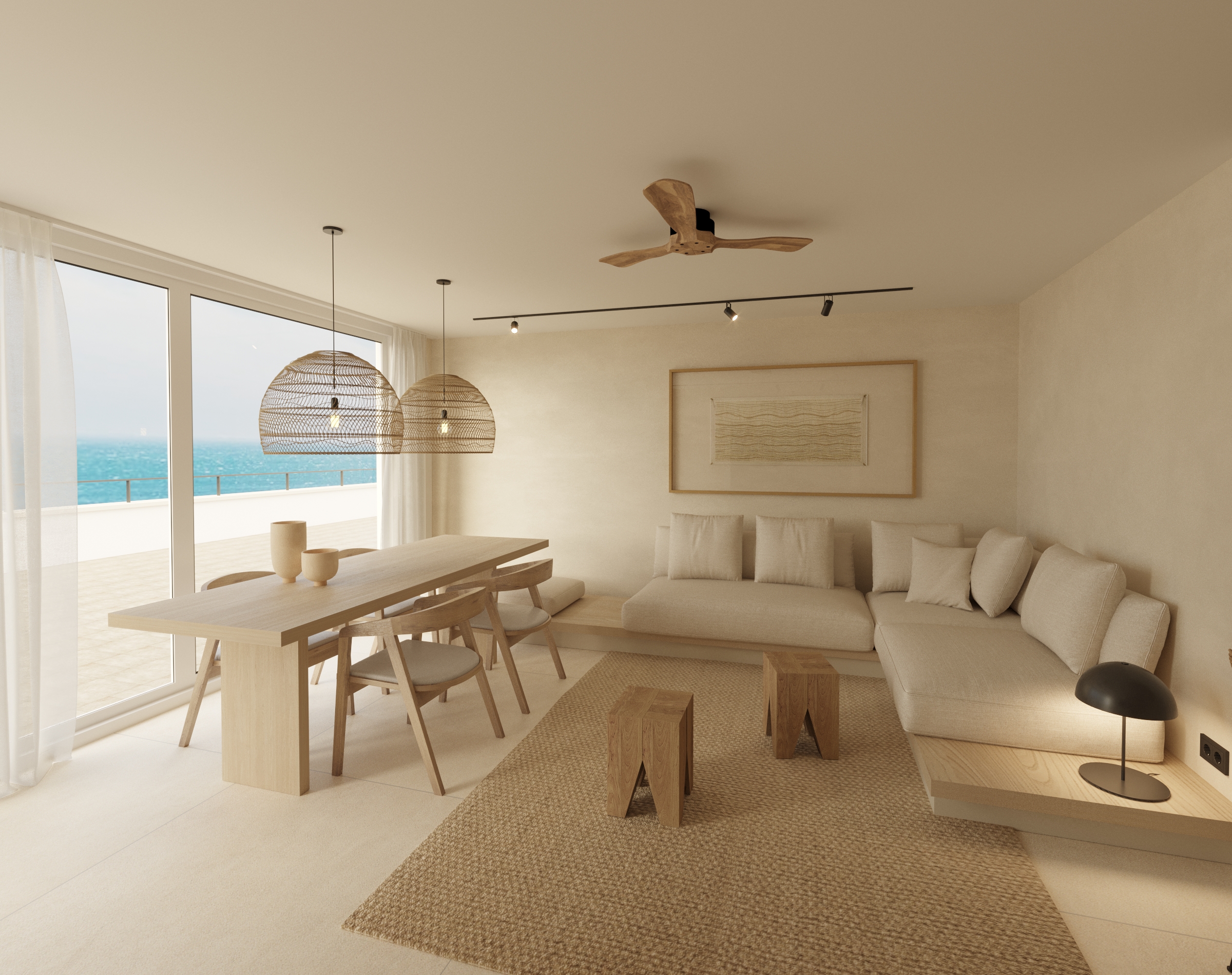 Salón mediterráneo con comedor y vistas al mar en apartamento reformado